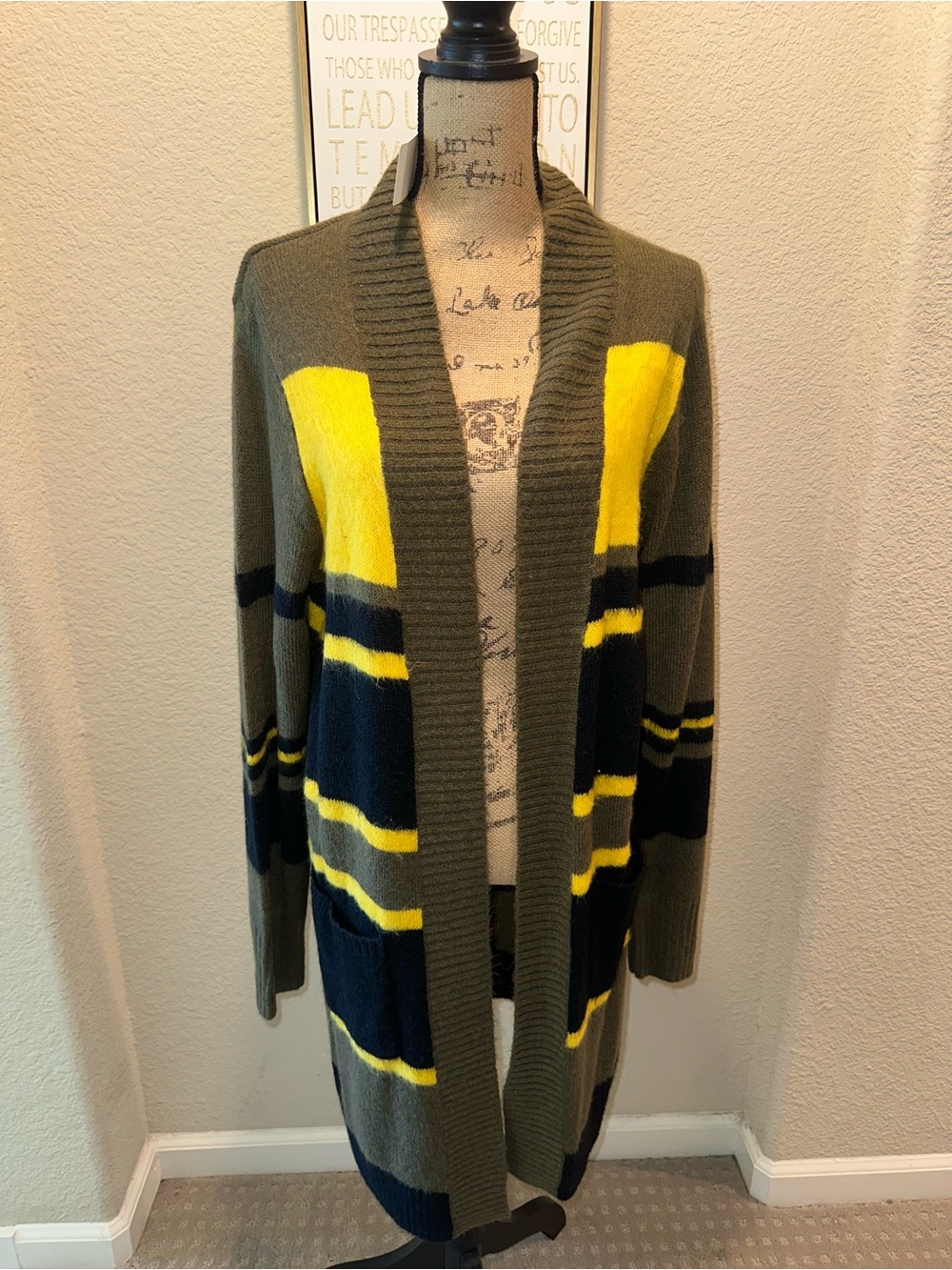 Nordstrom Olive Green Open-Front Cardigan with Yellow & Navy Stripe Panels